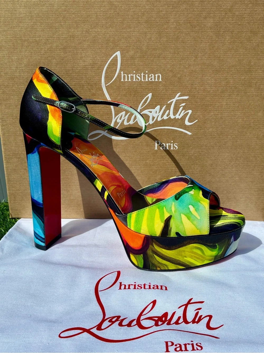 CHRISTIAN LOUBOUTIN SANDALOO BLACK MULTICOLOR SATIN LEATHER PLATFORM SANDAL SZ39
